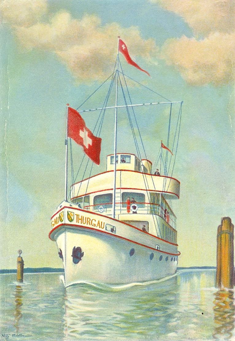 MS Thurgau auf einem Werbeplakat um das Jahr 1935  - Bild: Archiv A. Heer