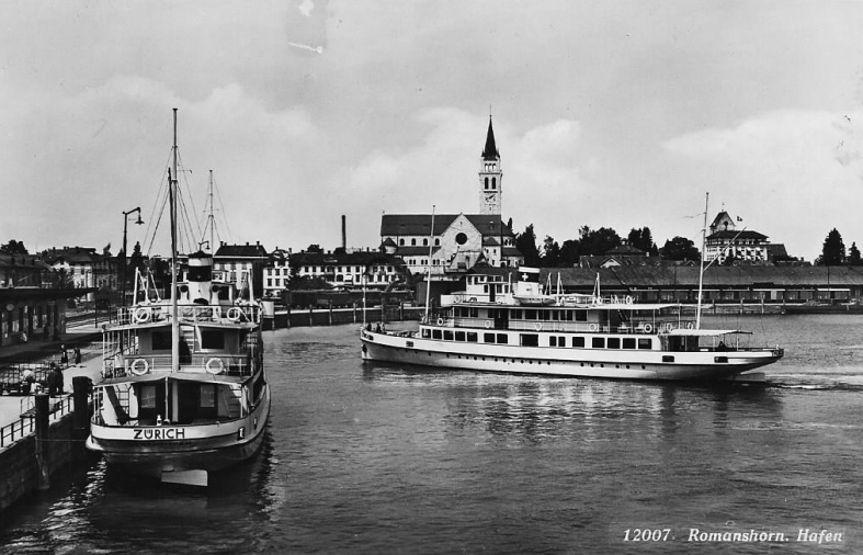 MS Zürich und MS Thurgau 1950 in Romanshorn. Bild: Archiv A. Heer, Flawil